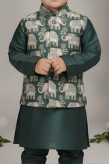 Boys' Bottle Green Kurta Pajama with Elephant Print Nehru Jacket