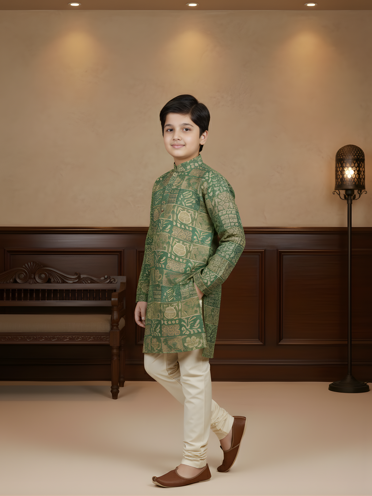 Boys' Sea Green and Tan Geometric Print Full-Sleeve Kurta Pajama Set