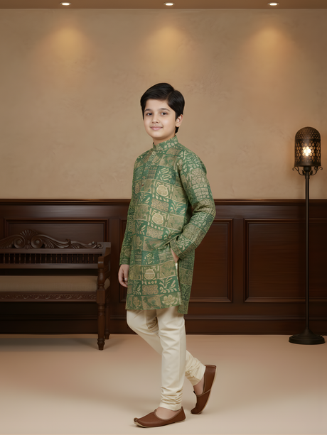 Boys' Sea Green and Tan Geometric Print Full-Sleeve Kurta Pajama Set