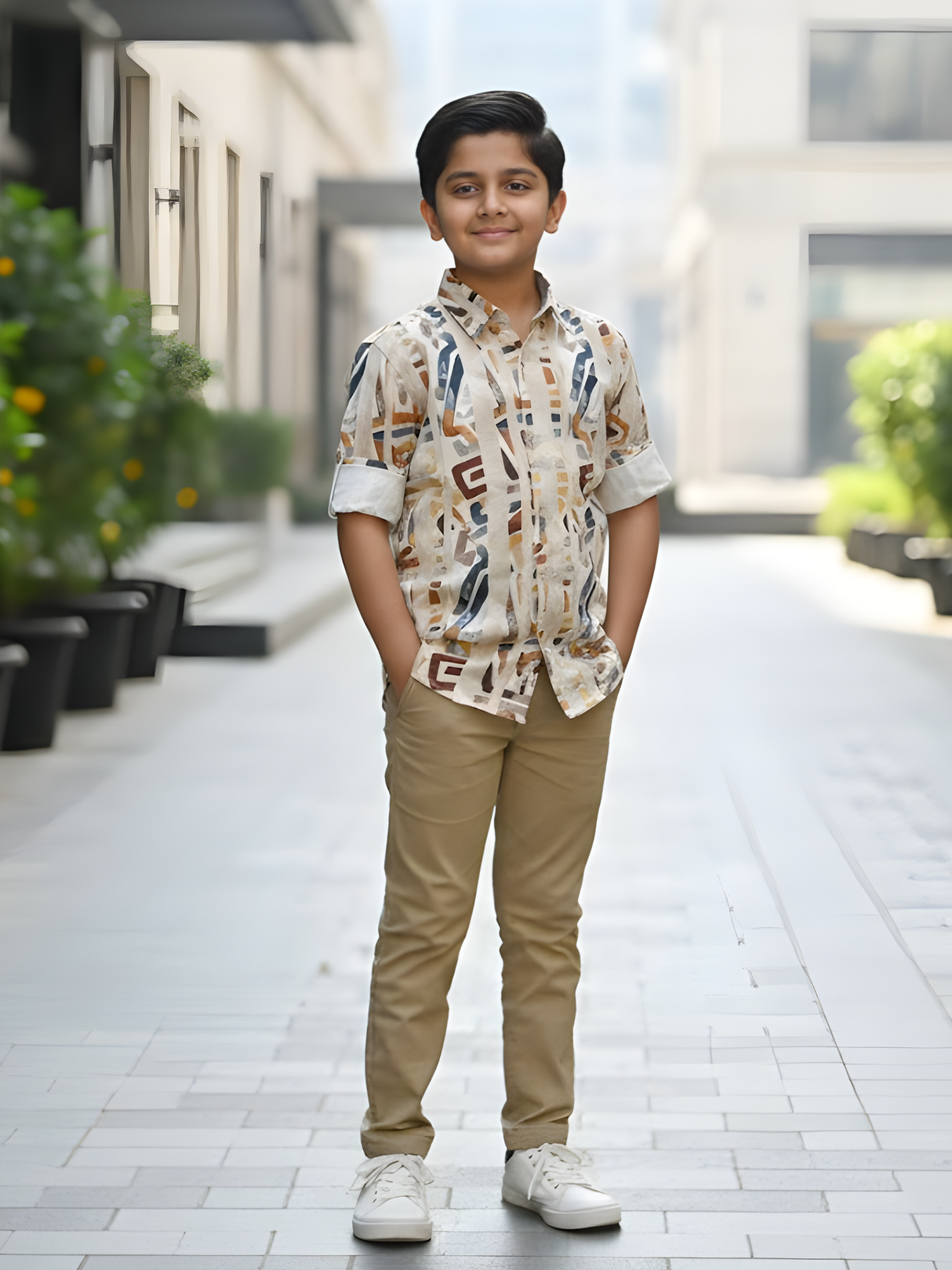 Boys Cream Abstract Geometric Multi-Color Casual Shirt