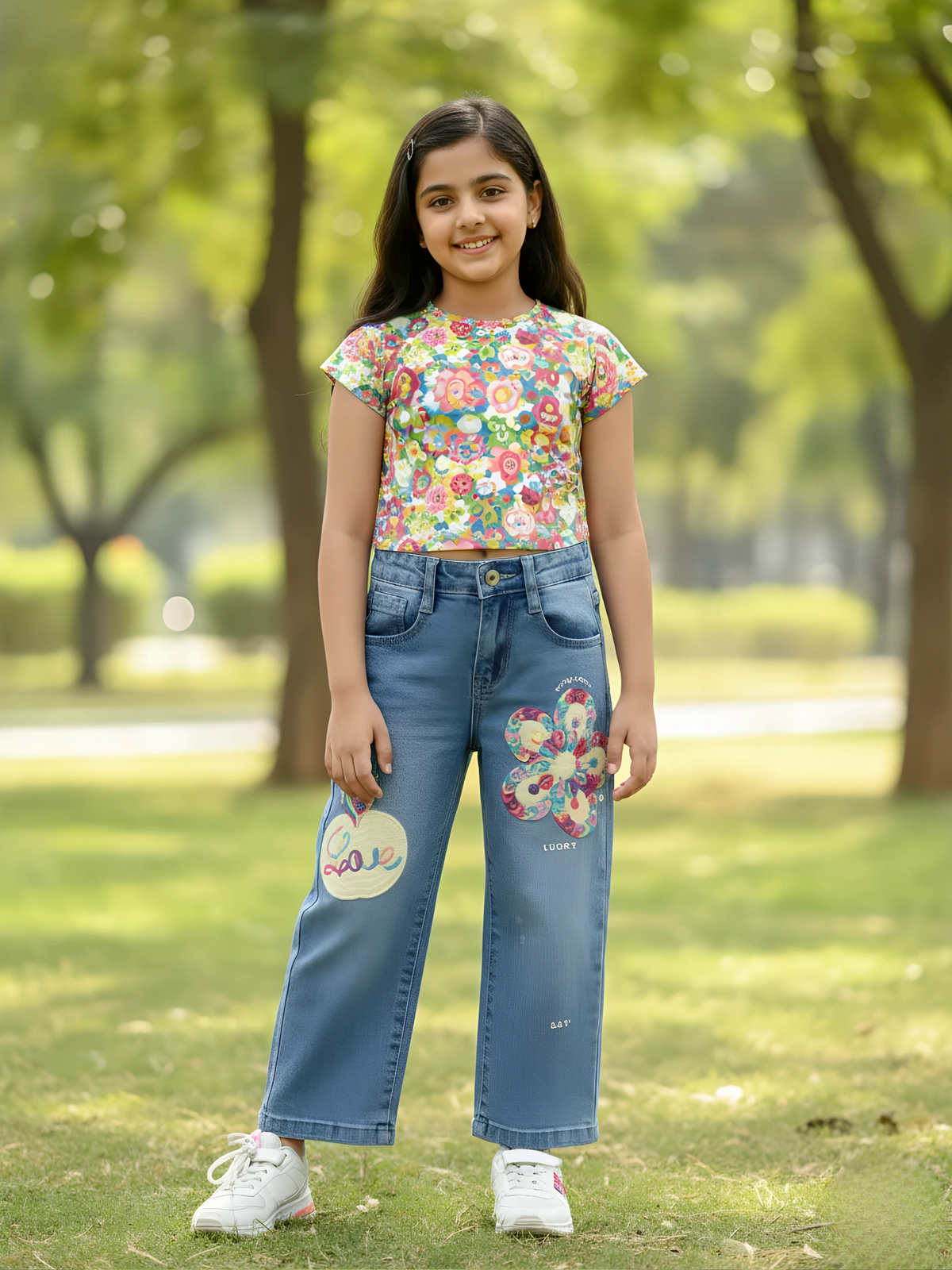 Girls' Floral Patchwork Wide-Leg Blue Denim Jeans