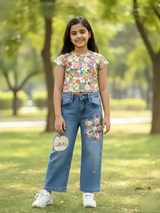 Girls' Floral Patchwork Wide-Leg Blue Denim Jeans