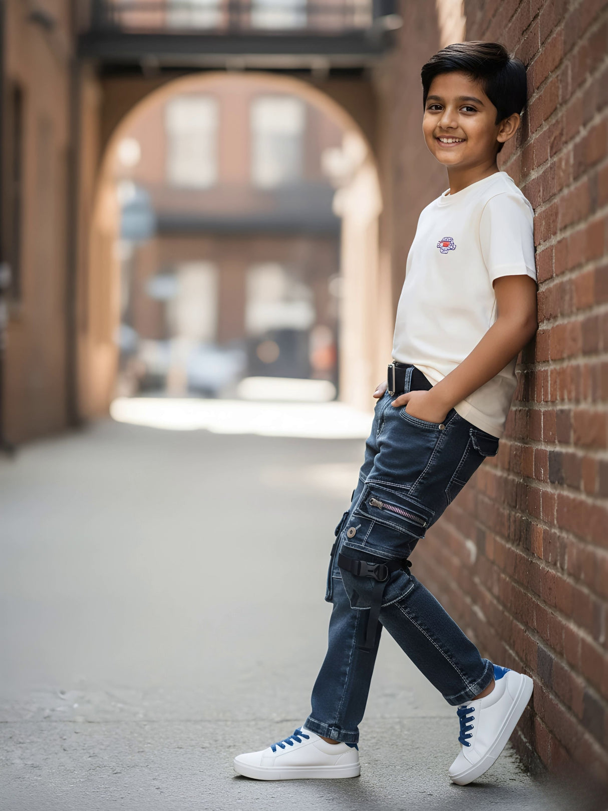 Boys Rugged Grey Cargo Jeans with Black Belt