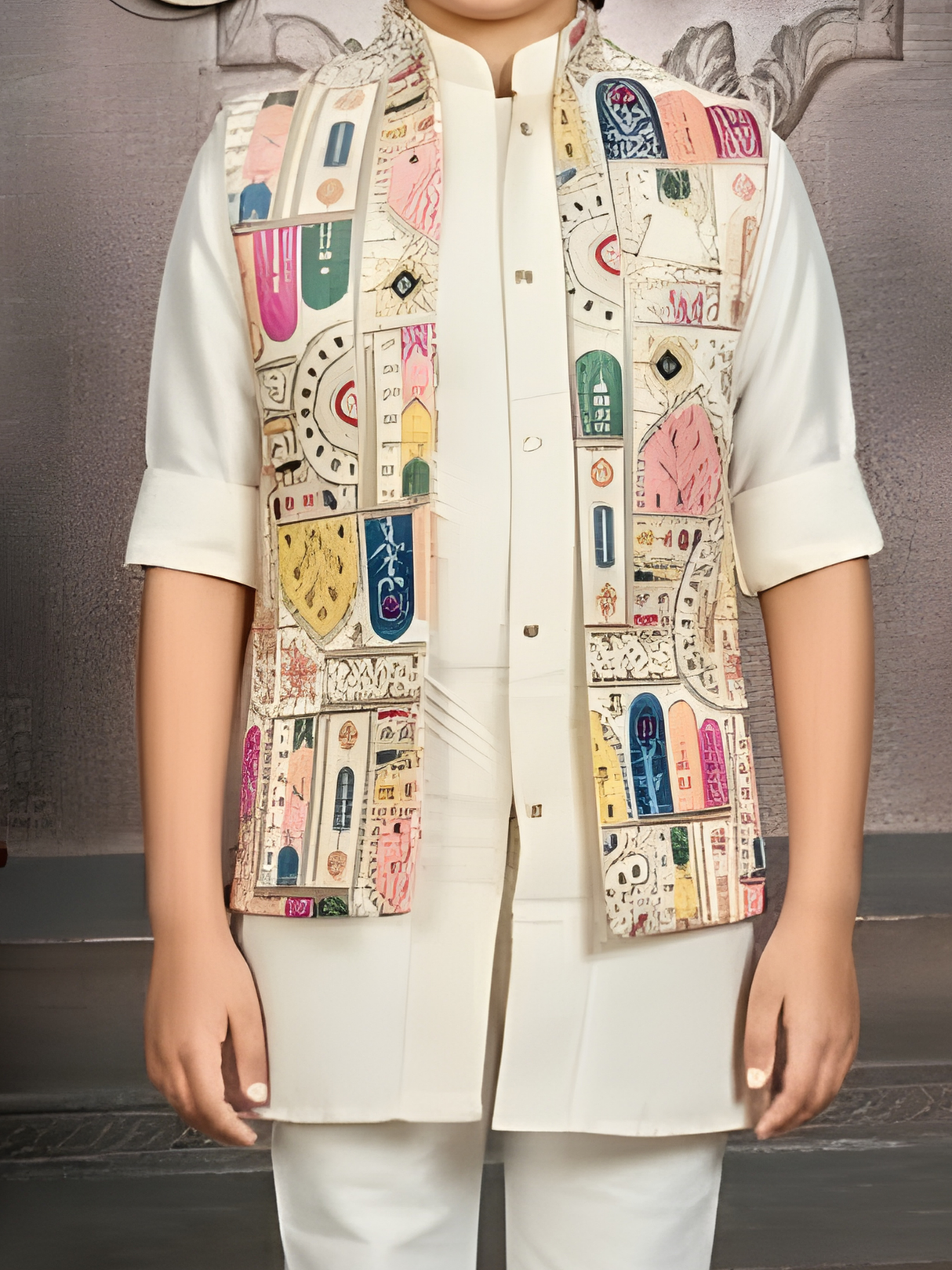 Boys' Elegant Ivory Brocade Kurta Pyjama Set (All-Over Woven Pattern)