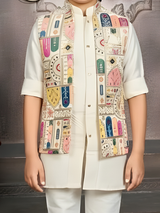 Boys' Elegant Ivory Brocade Kurta Pyjama Set (All-Over Woven Pattern)
