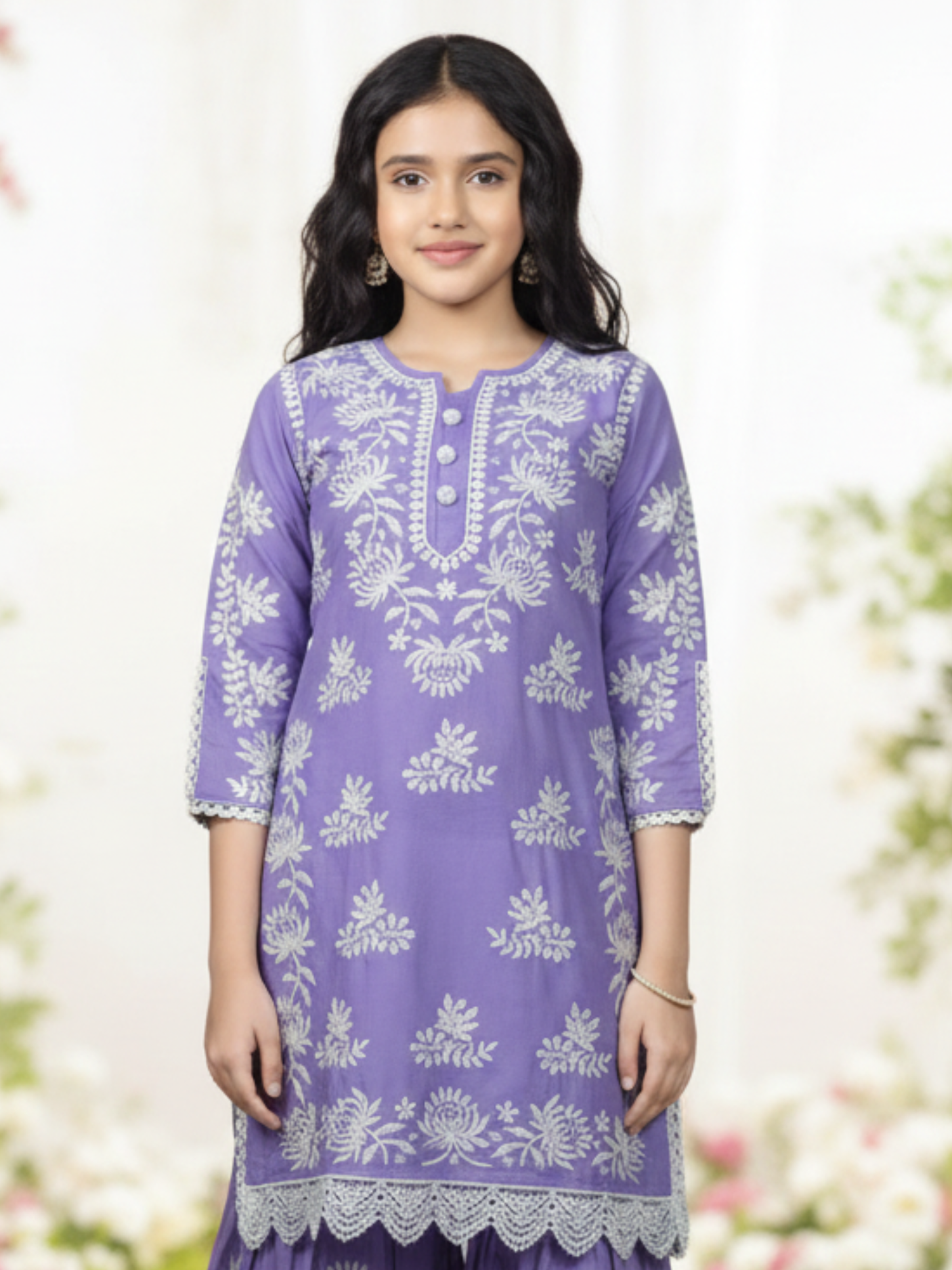 Girls' Purple Embroidered Sharara Set.