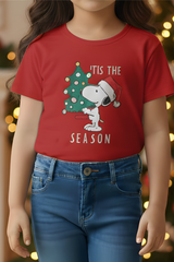Girls' 'Tis The Season' Snoopy Christmas Graphic Print Red T-Shirt
