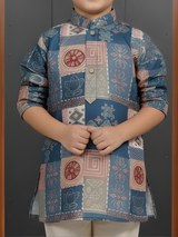 Boys Teal Blue Geometric Print Kurta with Cream Pajama Set