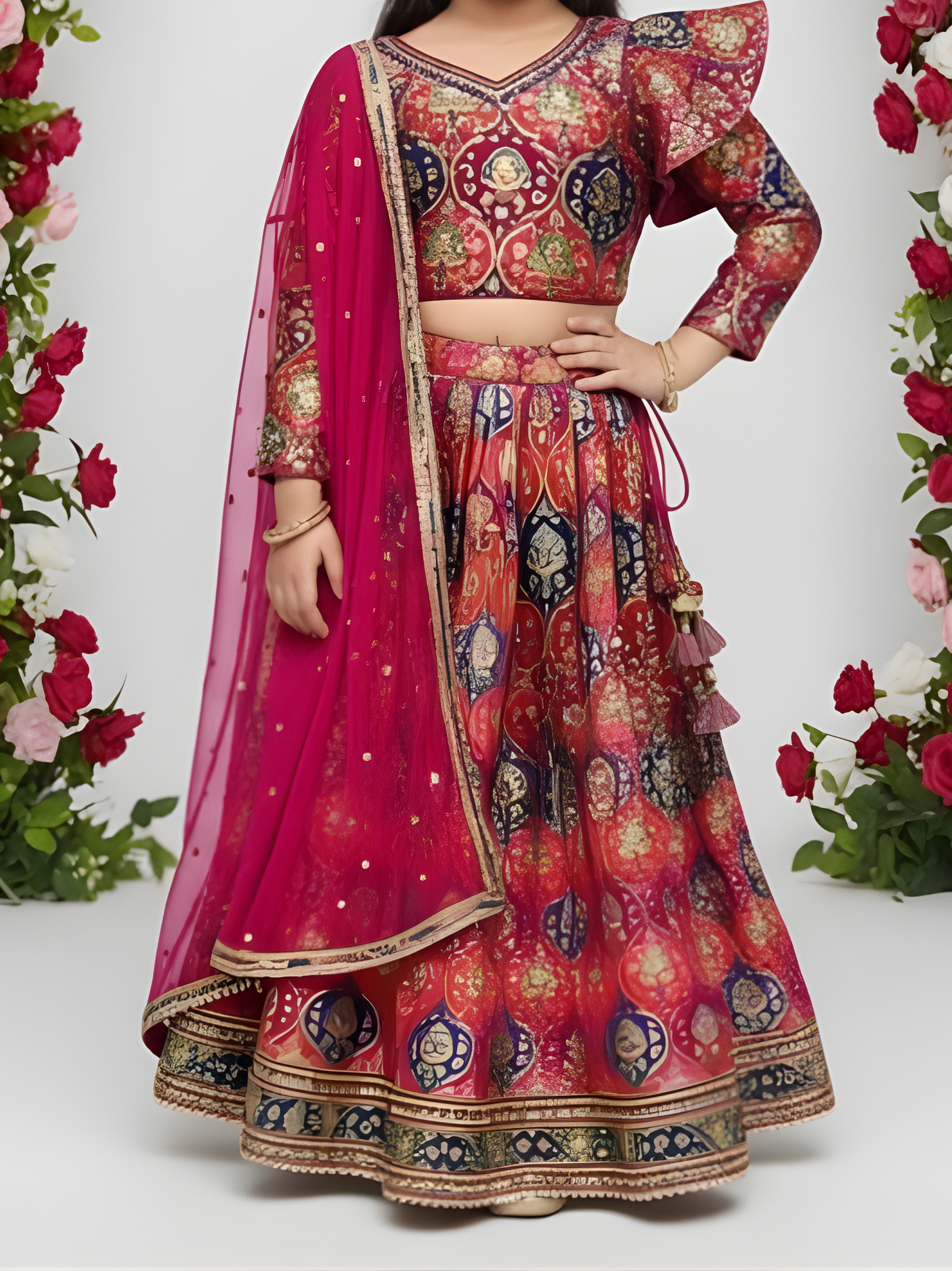Girls' Red Brocade Embroidered Crop Top (Choli) and Lehenga Set with Dupatta