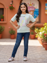 Girls' Pastel Light Blue Graphic Tee - "Cute Vibes" Casual Top