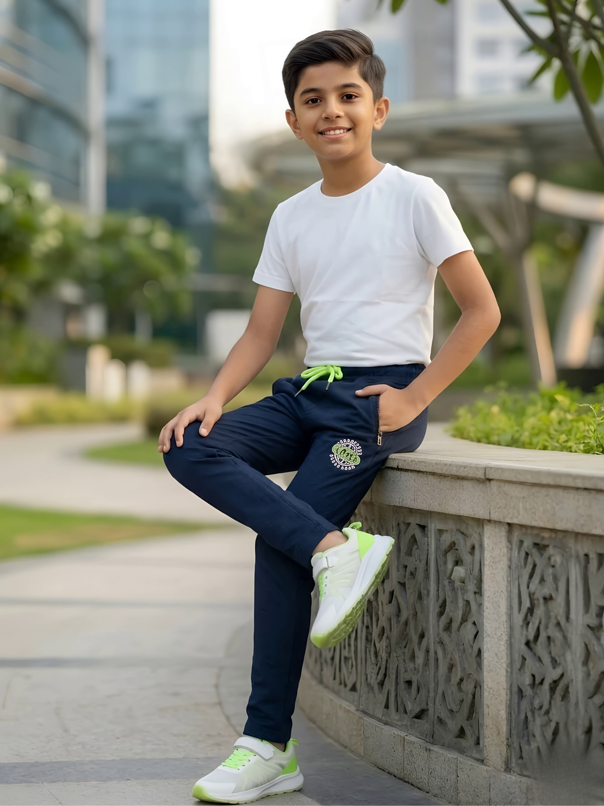 Boys' Comfortable Navy Blue Athletic Track Pants with Neon Accents