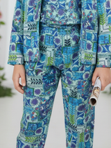 Girls' 3-Piece Blue Floral Print Co-ord Set with Blazer, Crop Top & Trousers