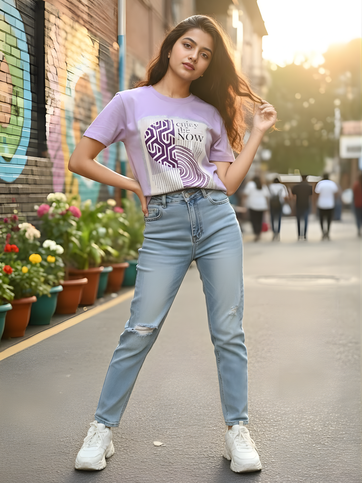 Girls' "Enjoy the Now" Graphic Knit Top - Lavender Purple.