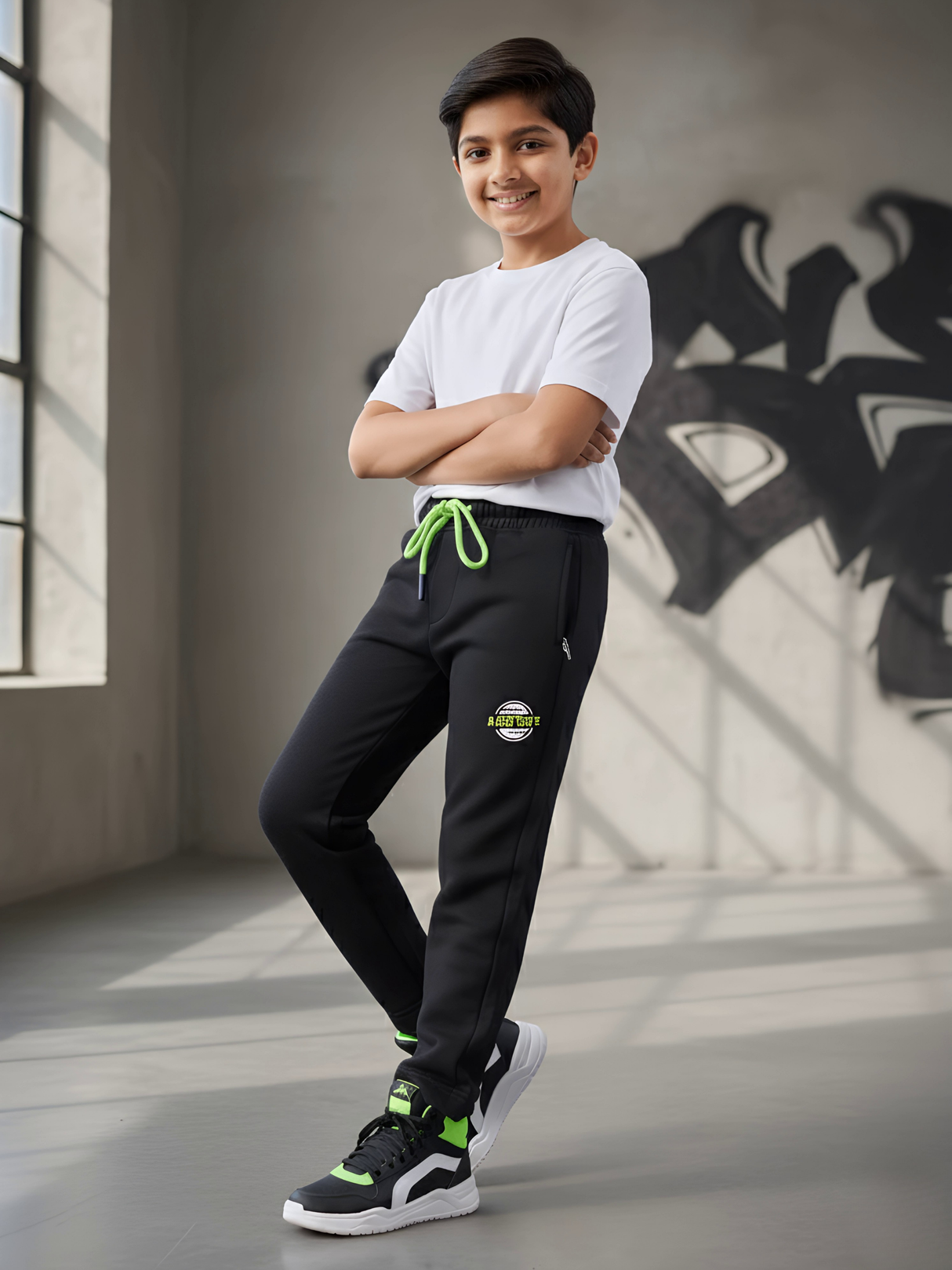 Boys' Black Track Pants with Neon Green Drawstring & Patch