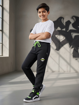 Boys' Black Track Pants with Neon Green Drawstring & Patch