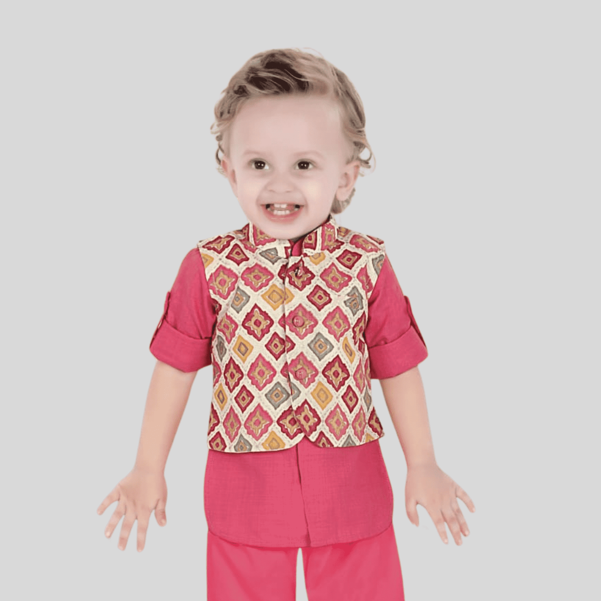 Boys Traditional Printed Chudidar Kurta with Koti - Pink