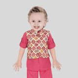 Boys Traditional Printed Chudidar Kurta with Koti - Pink