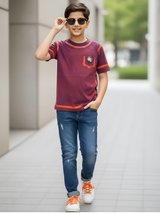 Kids' Smiley Patch Maroon T-Shirt with Contrast Piping