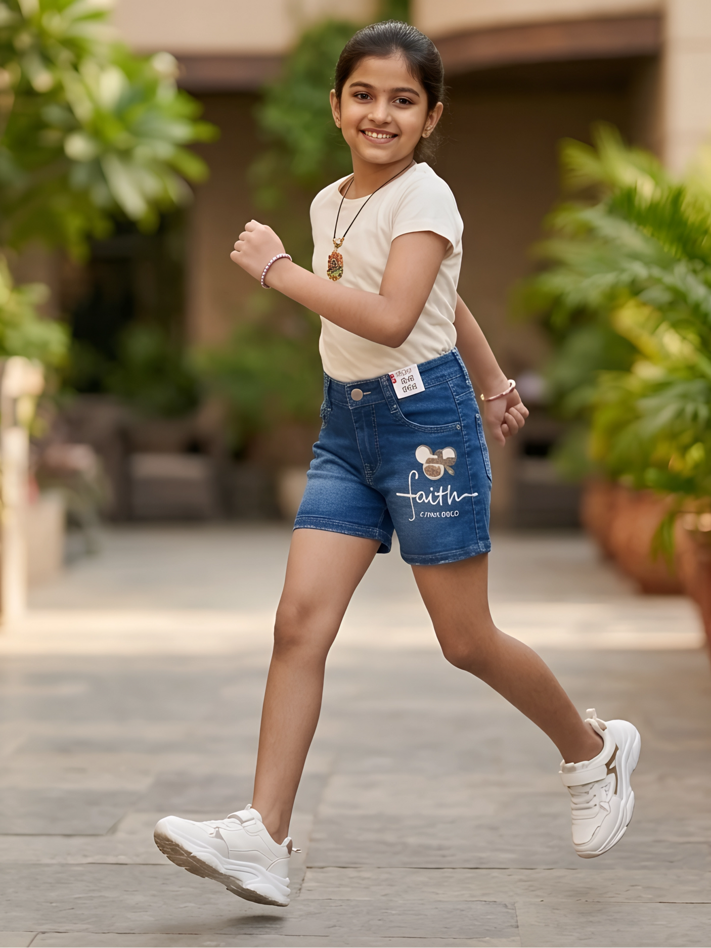 Girls' Blue Denim Shorts with "Faith" Graphic Print