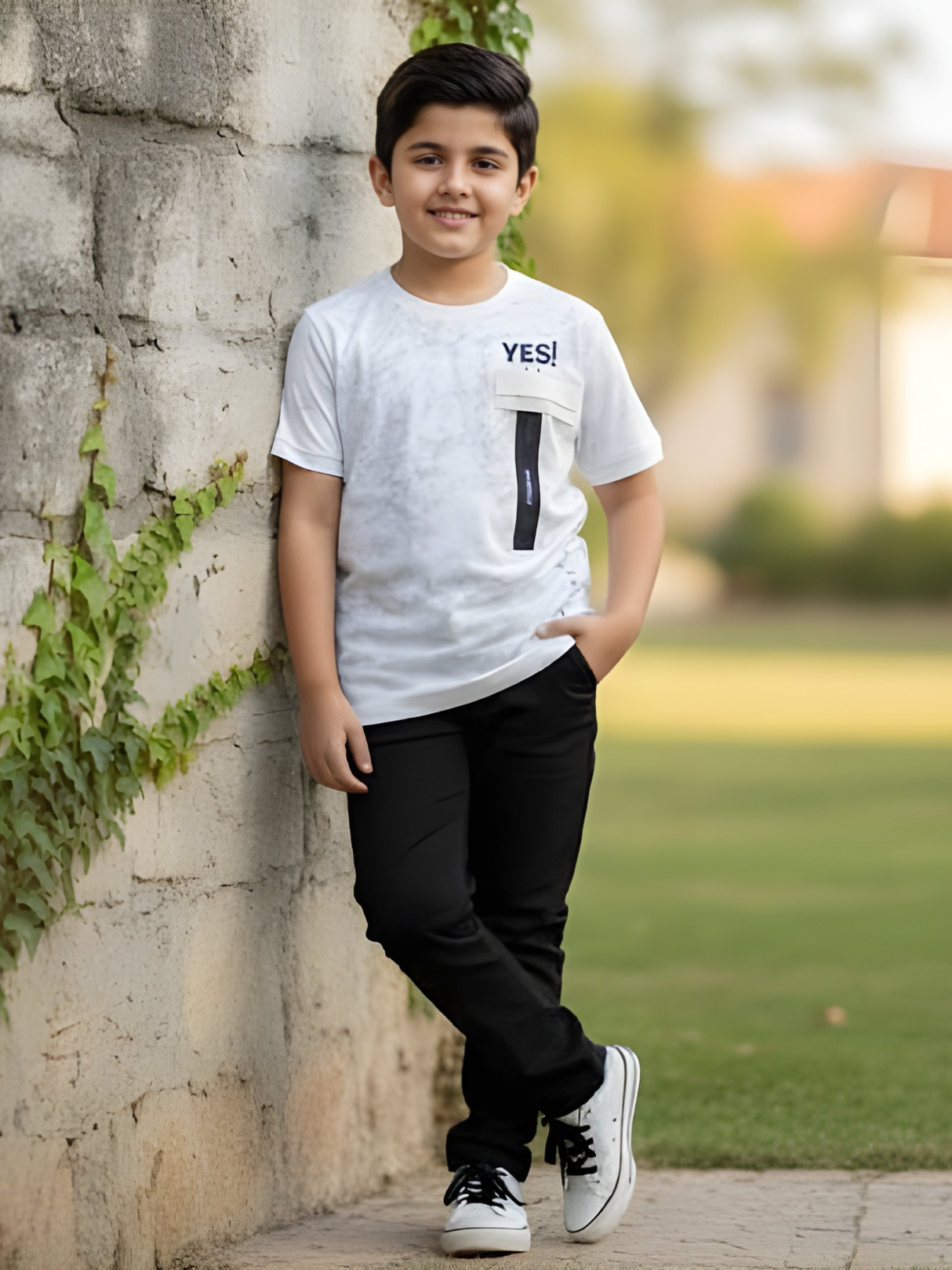 Boys' Washed Cream T-Shirt with Utility Pocket and Urban Graphic