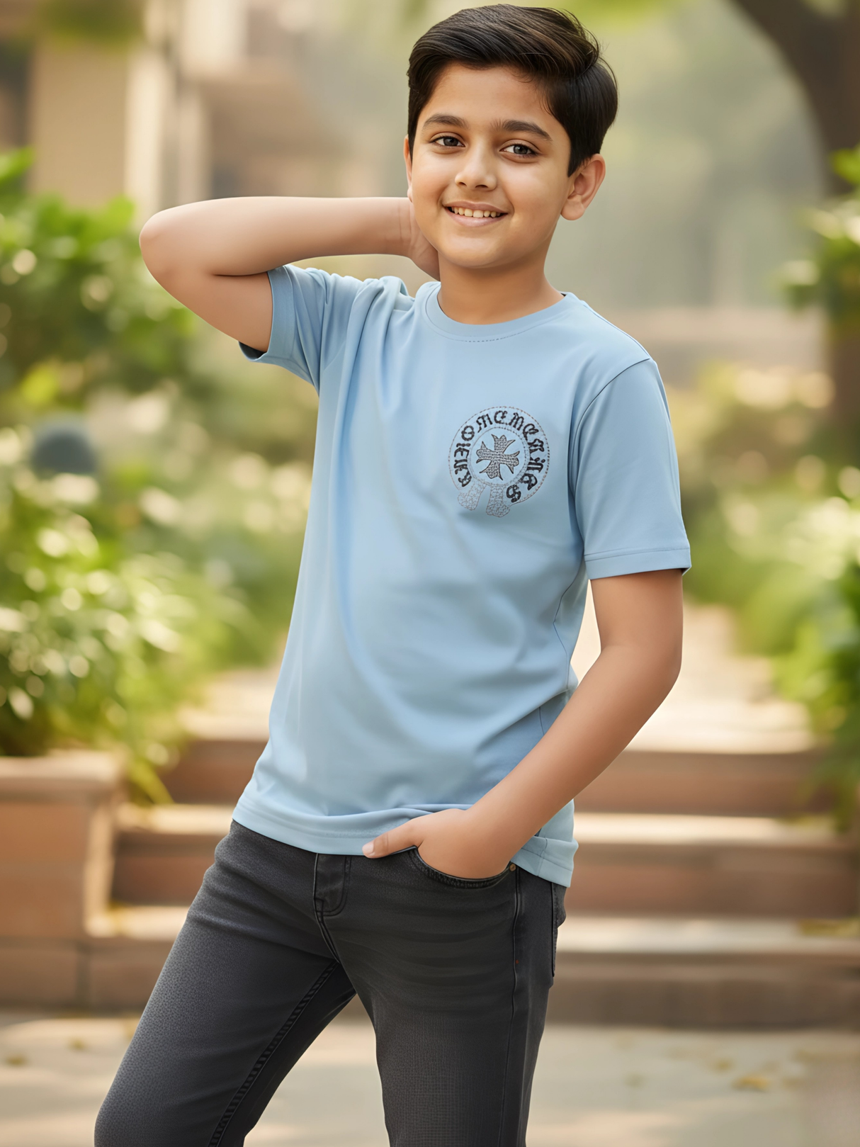 Kids' Cross Logo Streetwear T-Shirt - Light Blue Short Sleeve Tee.