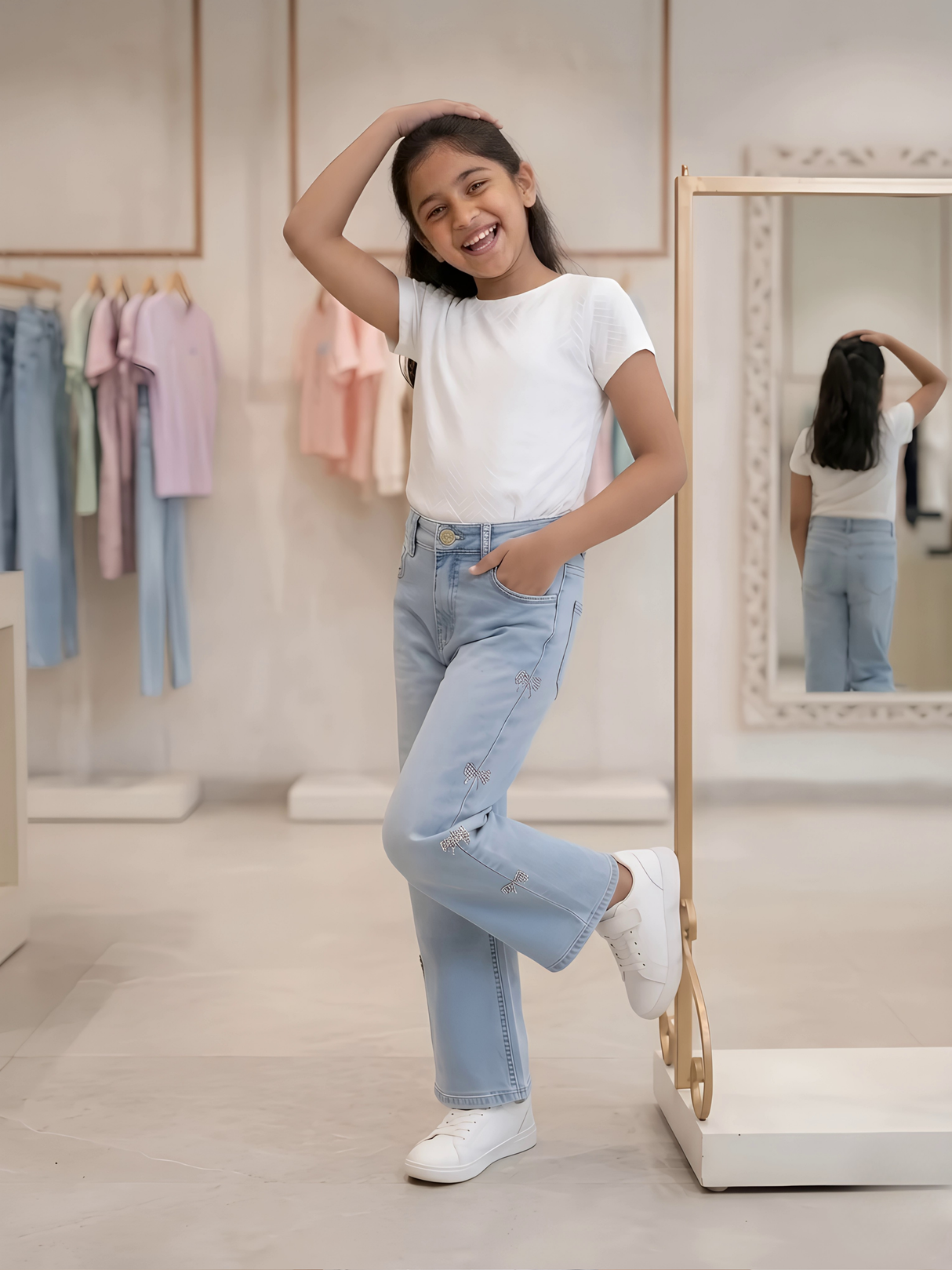 Girls Light Blue High-Rise Straight Fit Jeans with Bow Embroidery