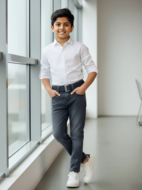 Boys' Premium Dark Grey Slim Fit Jeans with Adjustable Belt