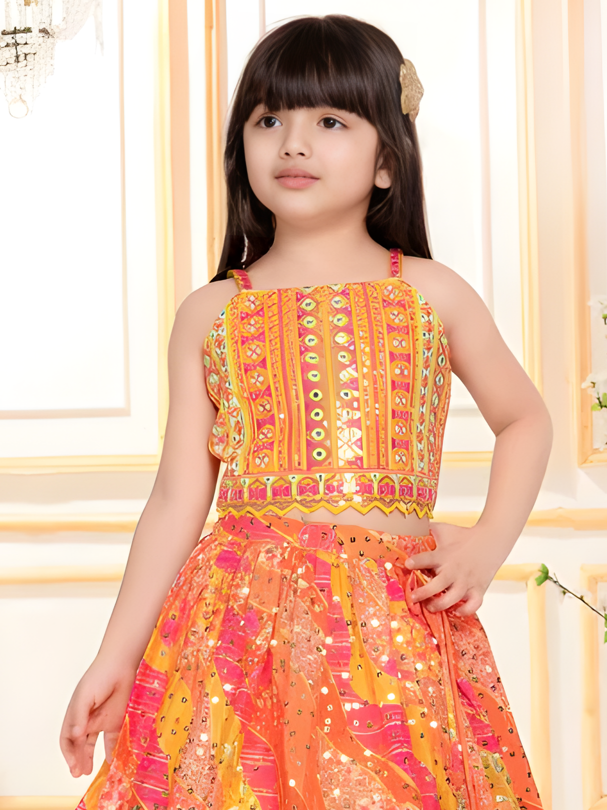 Girls' Elegant White Multi-Color Floral Lehenga Choli