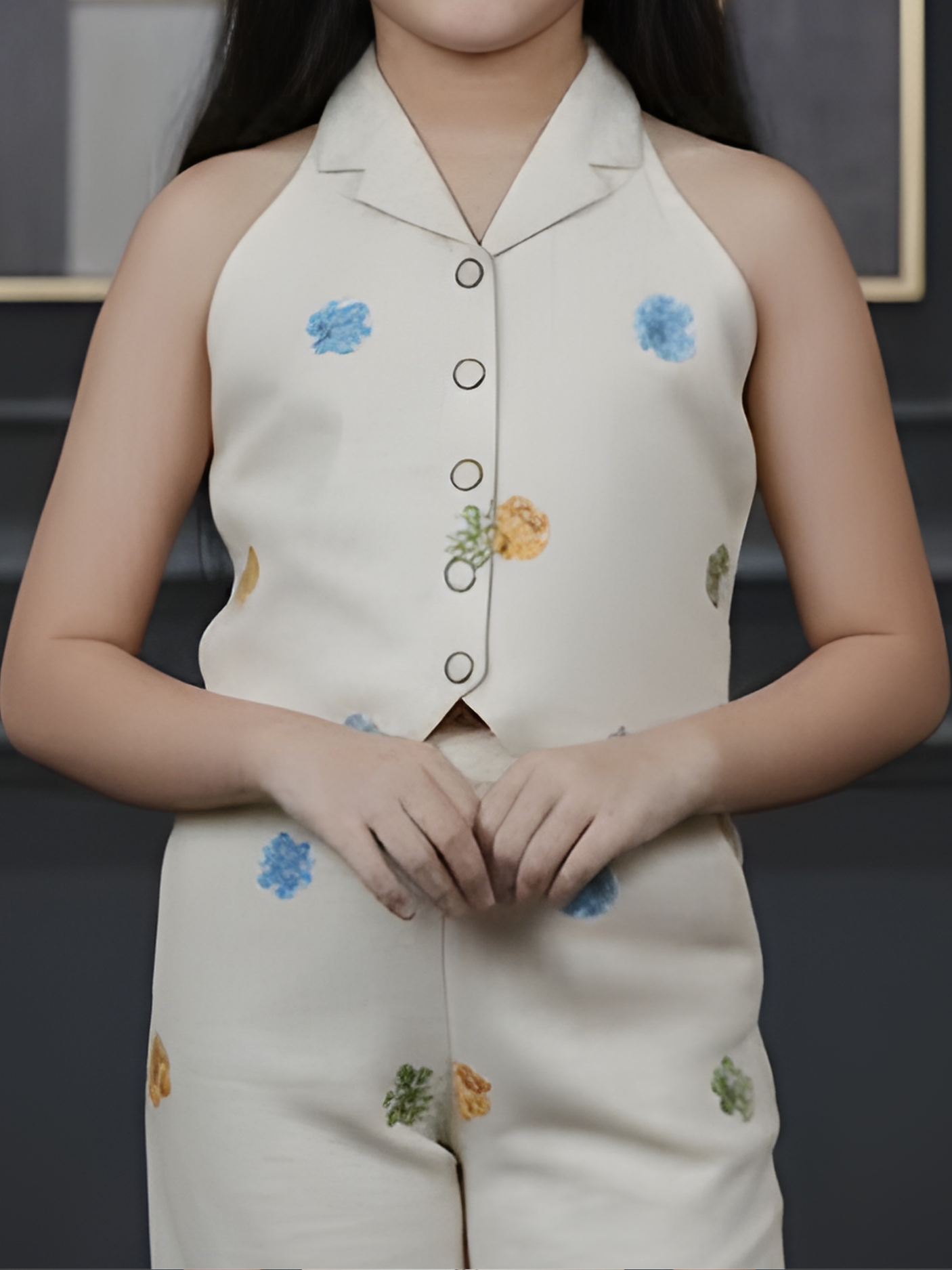 Girls' Cream Floral Embroidered Halter Vest & Wide-Leg Trouser Set