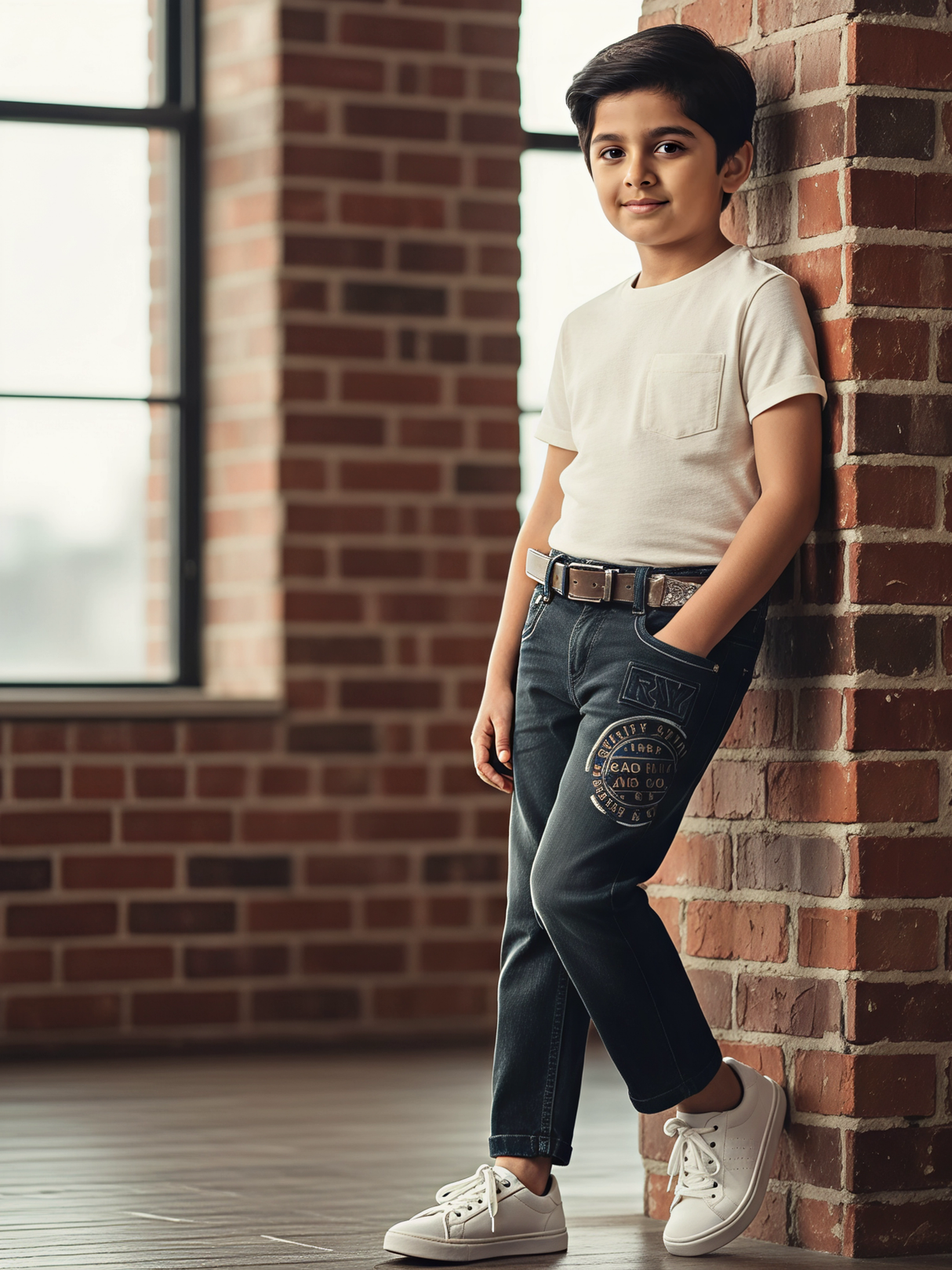 Boys' Graphic Print Dark Grey Stretchable Jeans