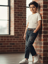 Boys' Graphic Print Dark Grey Stretchable Jeans