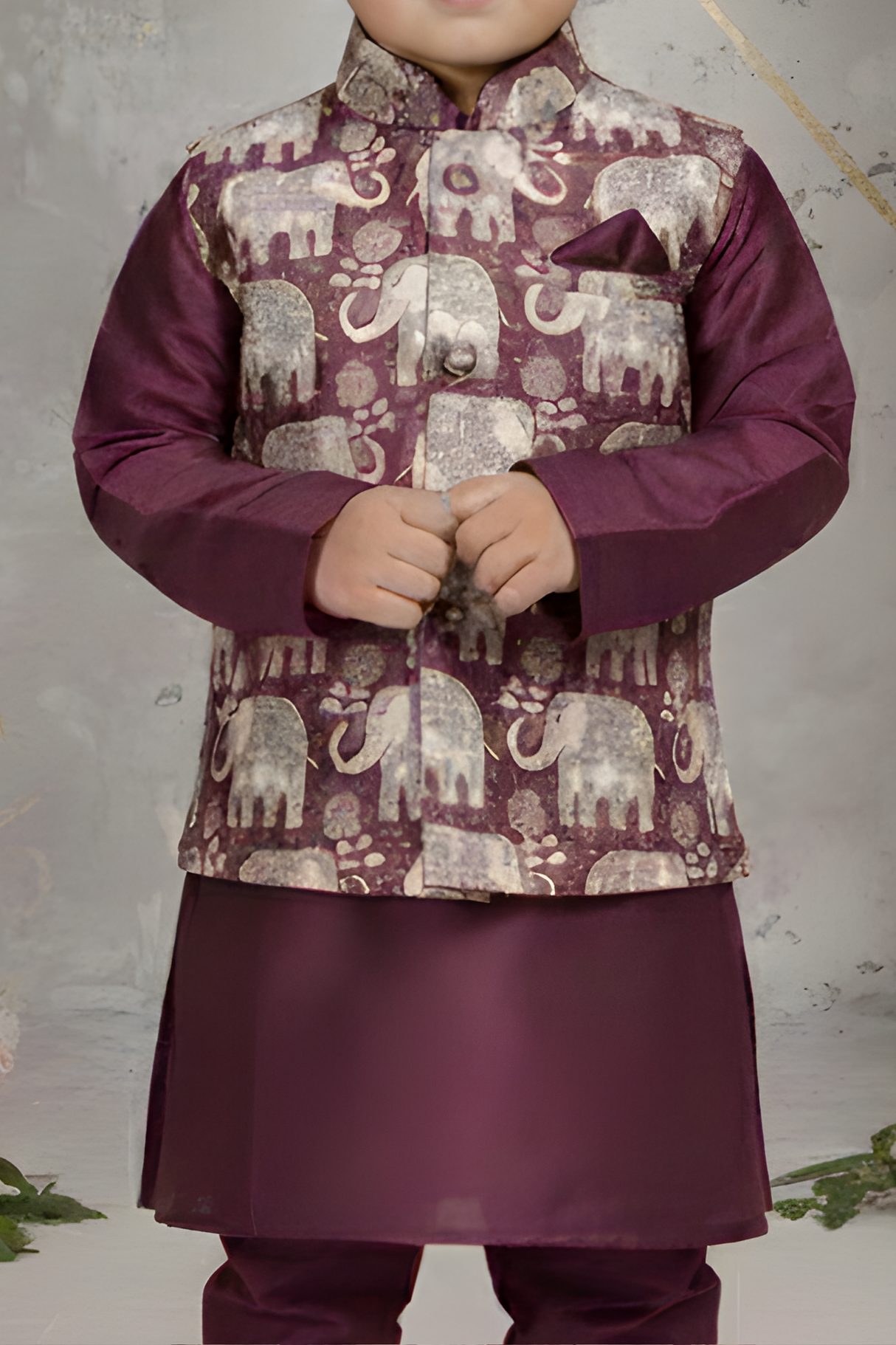 Boys' Regal Purple Kurta Pajama with Elephant Print Nehru Jacket