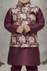 Boys' Regal Purple Kurta Pajama with Elephant Print Nehru Jacket