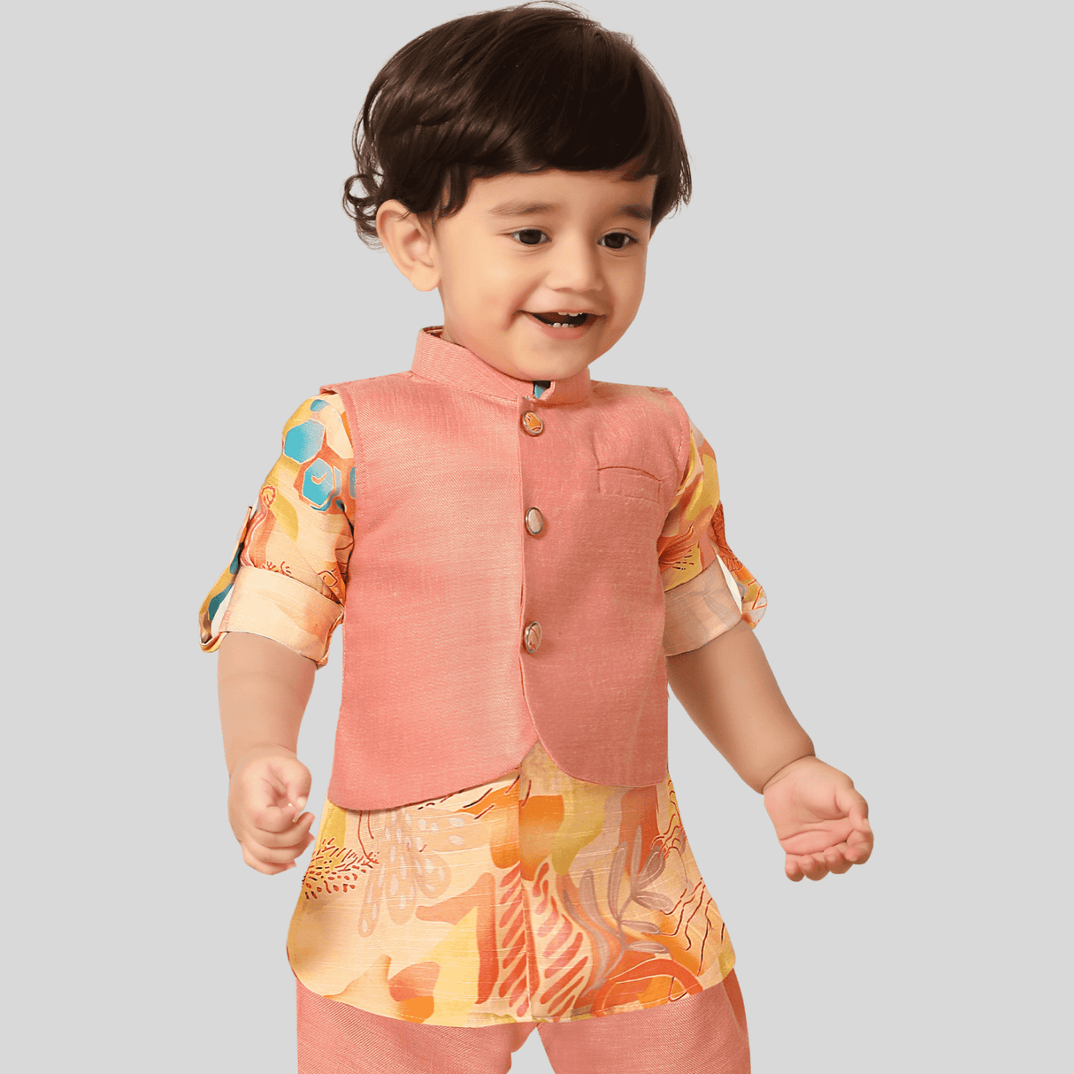 Boys Traditional Printed Chudidar Kurta with Koti - Peach