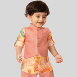 Boys Traditional Printed Chudidar Kurta with Koti - Peach