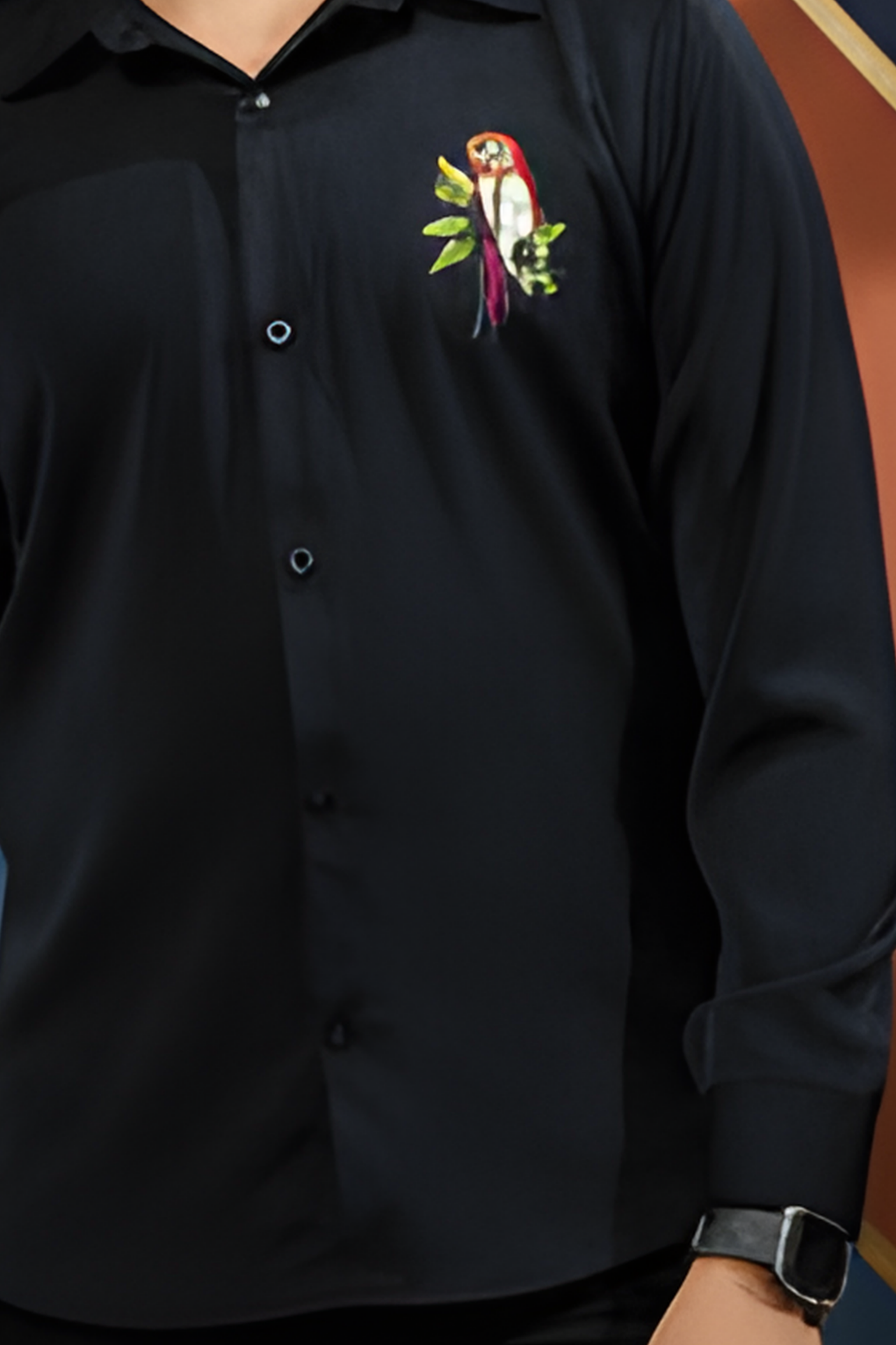 Boy's Stylish Navy Blue Shirt with Vibrant Parrot Embroidery