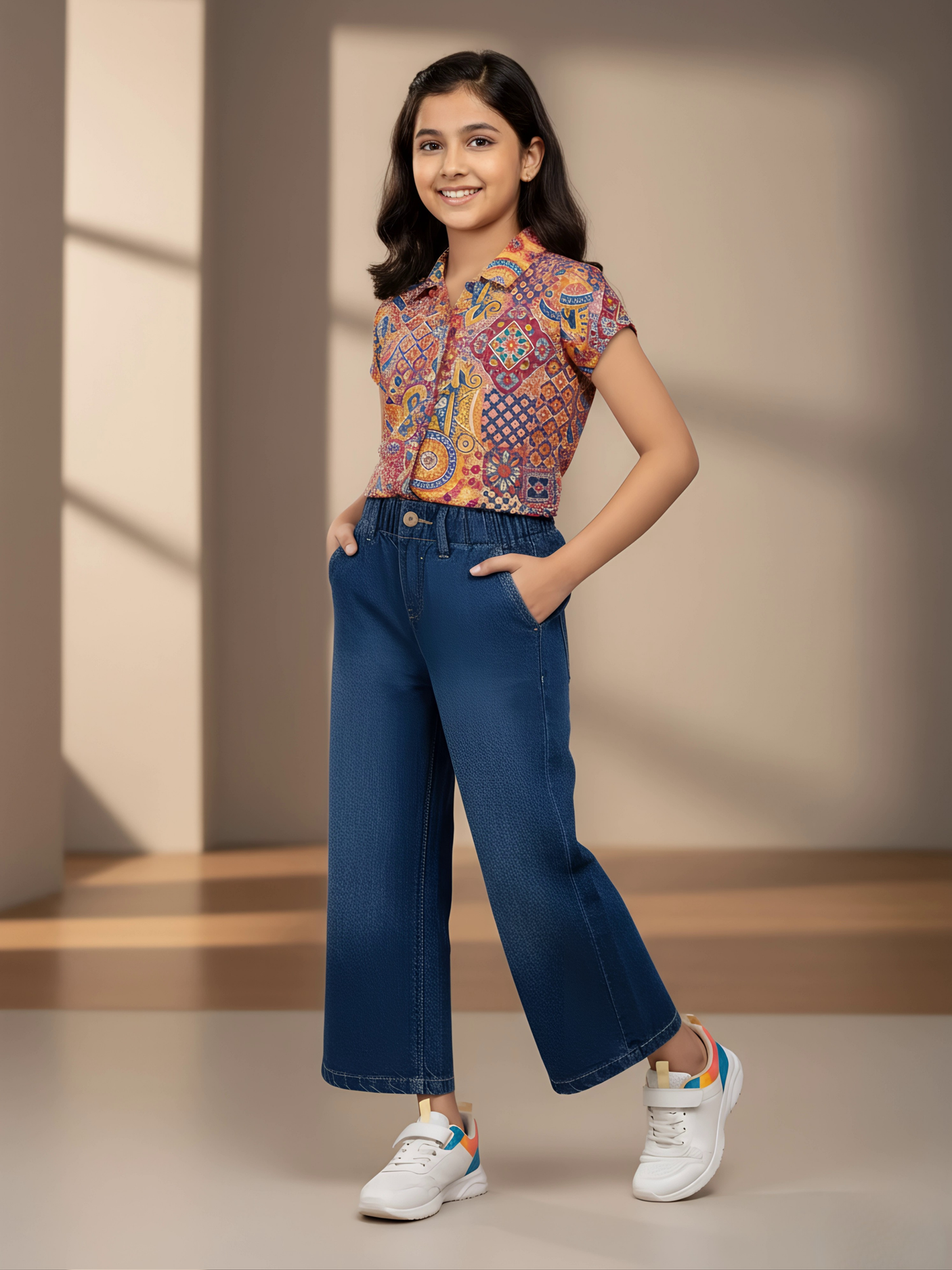 Girls' Dark Blue Wide-Leg High-Waist Denim Jeans.