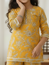 Girls Mustard Yellow Floral Printed Kurti and Palazzo Set