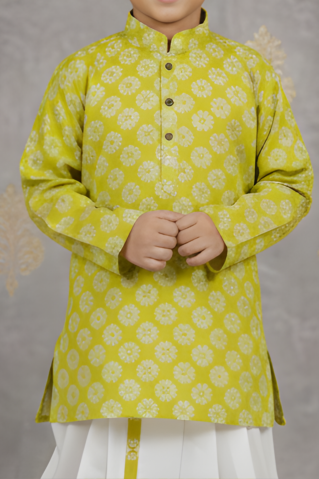 Boys' Lime Green Geometric Printed Kurta with White Dhoti Set