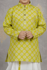 Boys' Lime Green Geometric Printed Kurta with White Dhoti Set