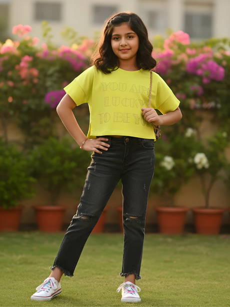 Girls' Vibrant Lime Green Graphic Crop Top