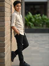 Boys Cream Dual-Pocket Utility Casual Shirt