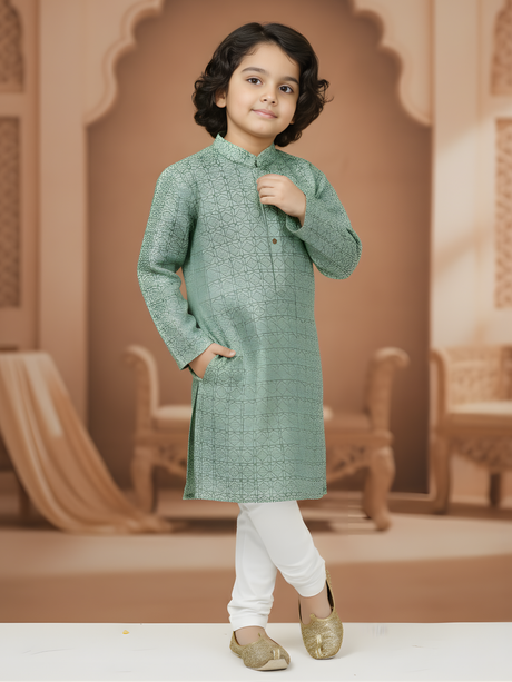 Boys' Mint Green Geometric Print Kurta Pajama Set
