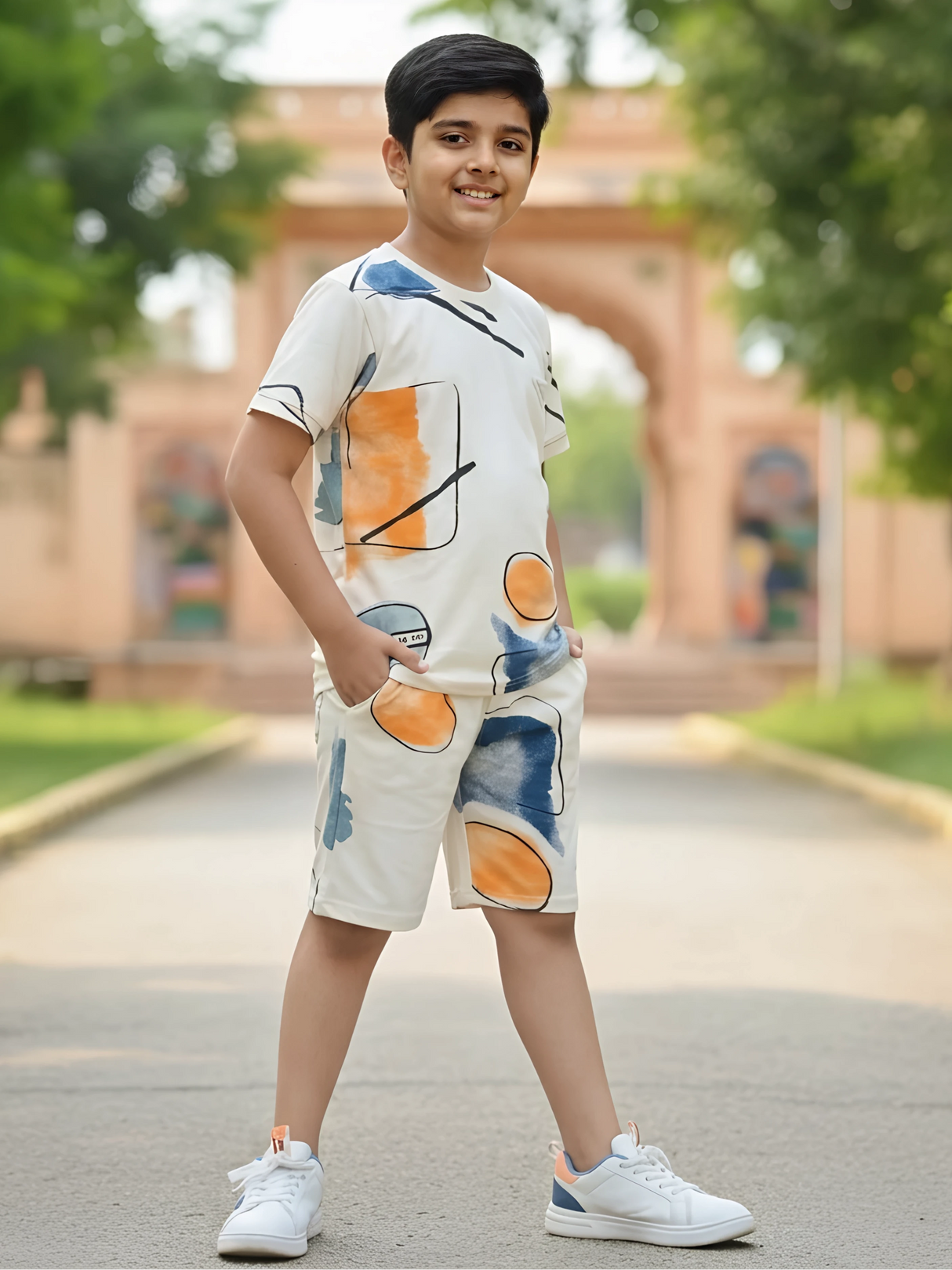 Boys Abstract Print Premium Cream Cotton Relaxed Fit Coordinate Set