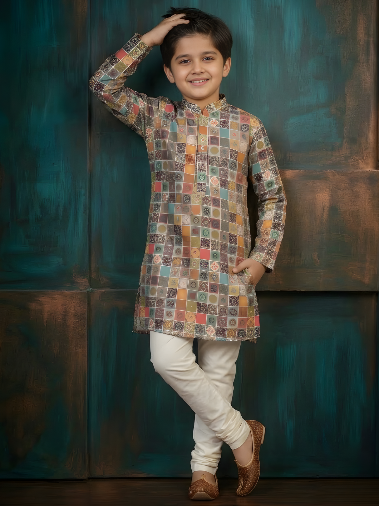 Boys' Multi-Color Mosaic Tile Print Kurta with Cream Pyjama Set.