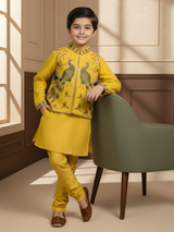 Kids Yellow Kurta Set with Embroidered Peacock Jacket – Festive Ethnic Wear
