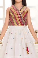 Cream & Multi-Color Embroidered Lehanga Choli Set for Girls