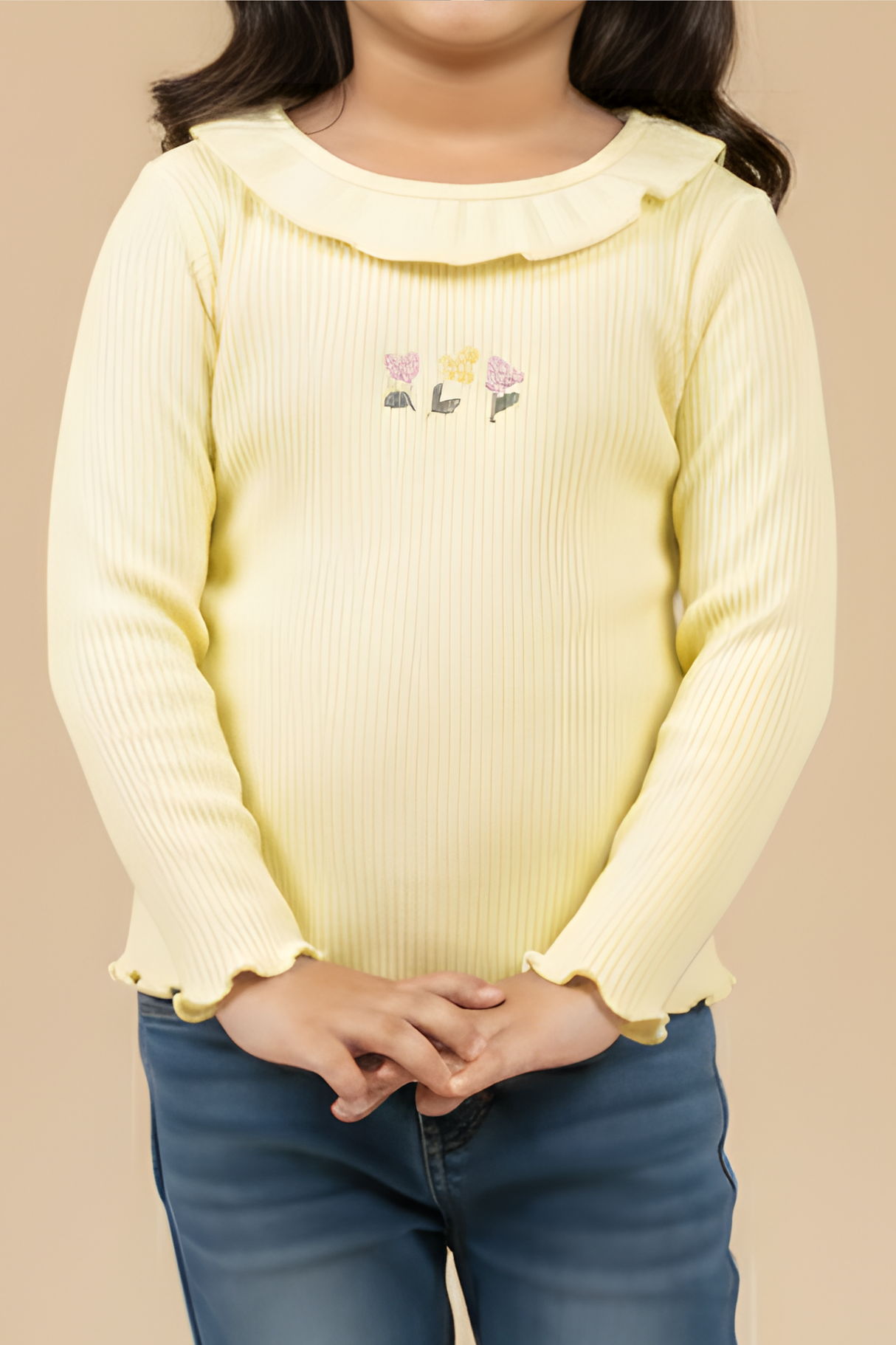 Girls' Yellow  Ruffled Ribbed Long-Sleeve Embroidered Top