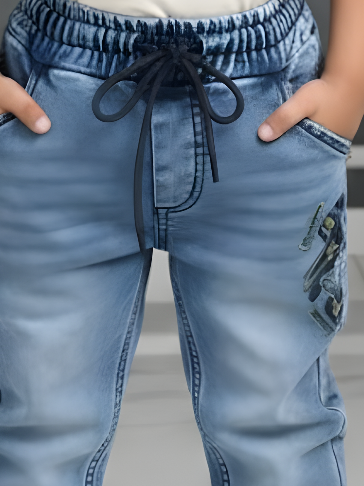 Boys' Mid-Wash Denim Joggers with Elasticated Cuffs and Drawstring Waist.