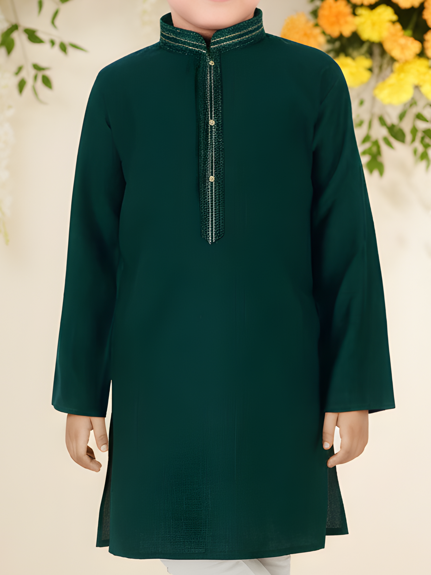 Boys' Bottle Green Kurta Pajama Set with Gold Neck Embroidery